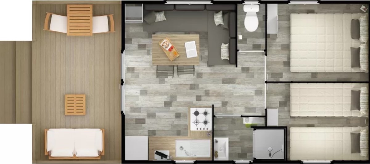 Mobil-home Confort Panoramique 2 chambres  4 personnes | Camping*** La Chênaie location de mobil homes La Palmyre